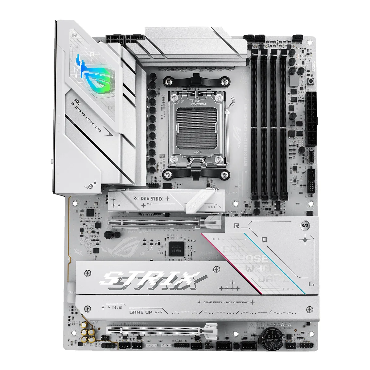 ATX motherboard with dark heatsinks and silver accents