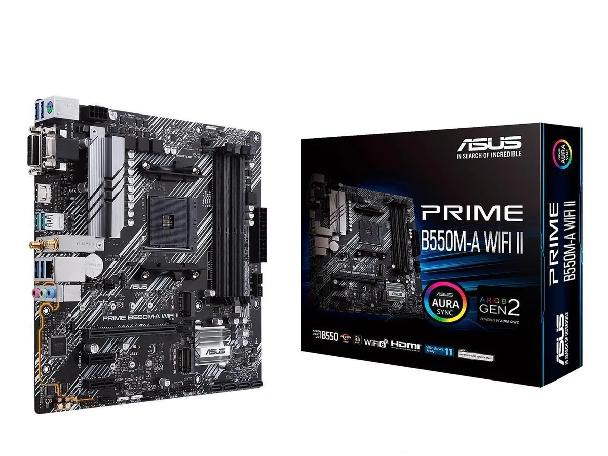 Micro ATX motherboard dark PCB silver heatsinks rear I/O shield