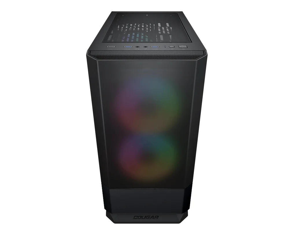 Black mid-tower gaming desktop with RGB fans visible