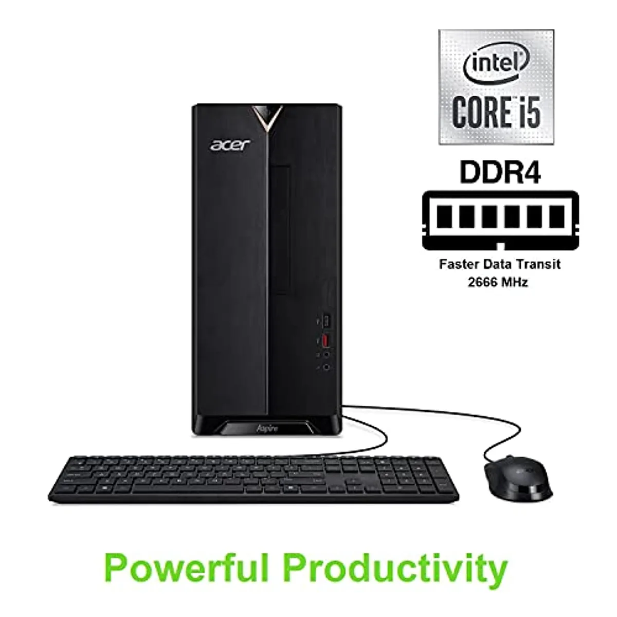 A black tower desktop with front USB-C and DVD drive
