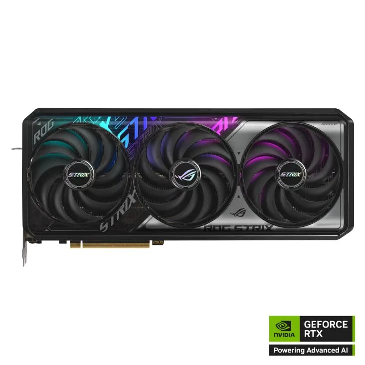 ASUS ROG Strix RTX 5070 Ti graphics card, triple-fan cooler with metallic shroud and illuminated ROG logo