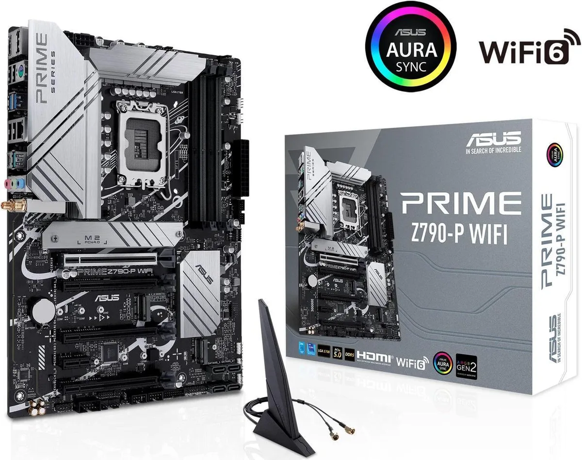 ATX motherboard in dark finish with large VRM heatsinks, three M.2 slots and rear I/O shield