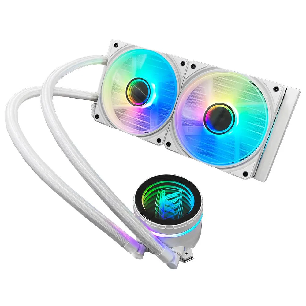 White 240 mm AIO liquid cooler with two 120 mm ARGB fans and sleeved tubing