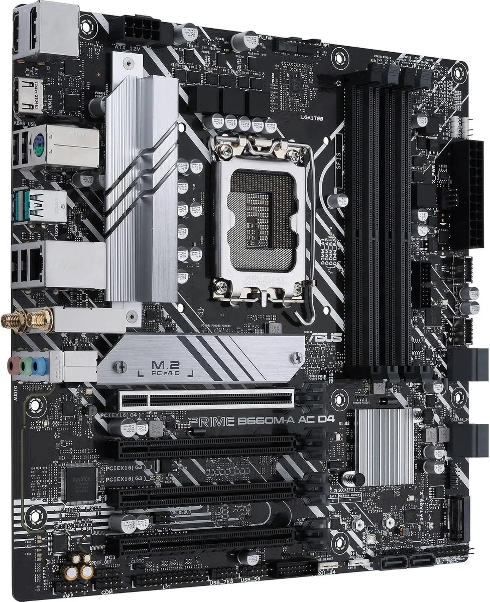 Green Micro-ATX board with silver heatsinks, four DDR4 slots, two M.2 covers, rear I/O shield, RGB accent