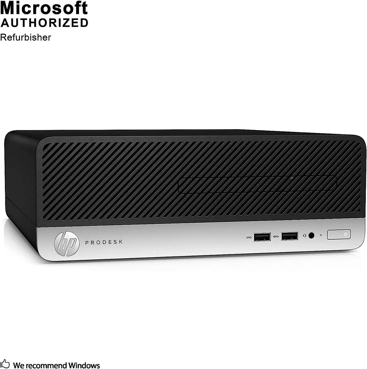 Compact black small-form-factor desktop tower with front USB ports and headset jack