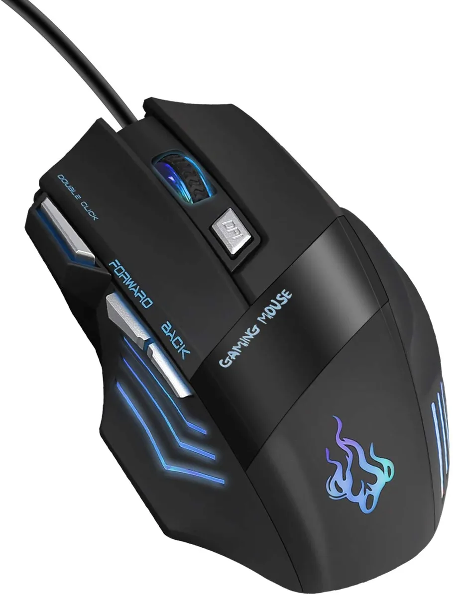 Black wired gaming mouse with ergonomic shape and matte finish
