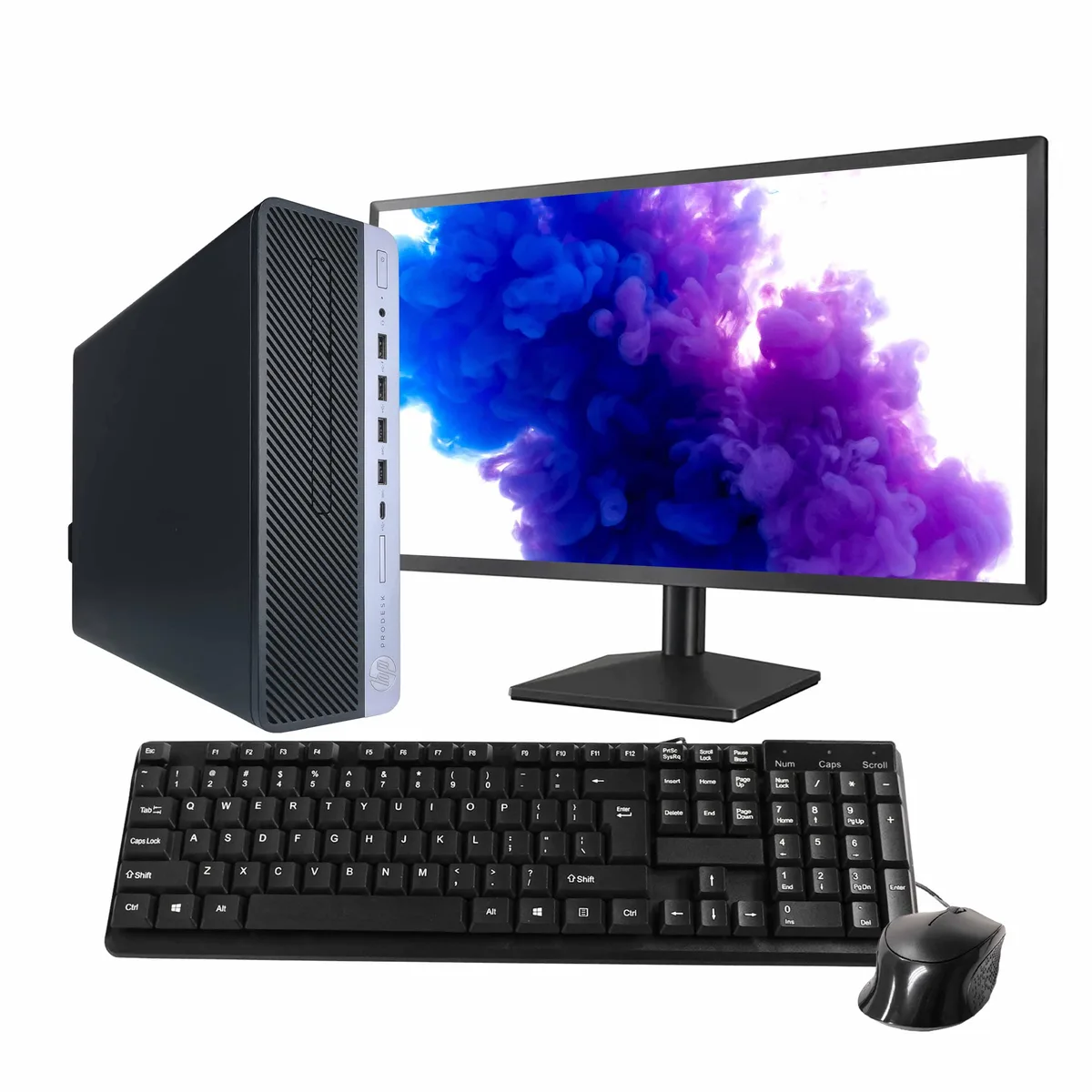 HP ProDesk 600 G5 small-form-factor desktop in black and silver with 24 inch monitor