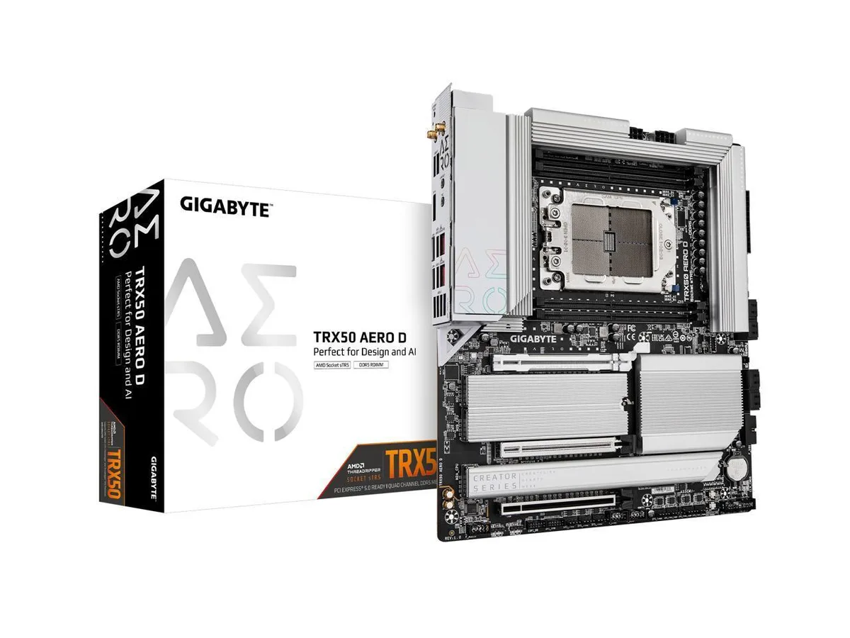 Large rectangular EATX motherboard with silver VRM heatsinks and black PCB