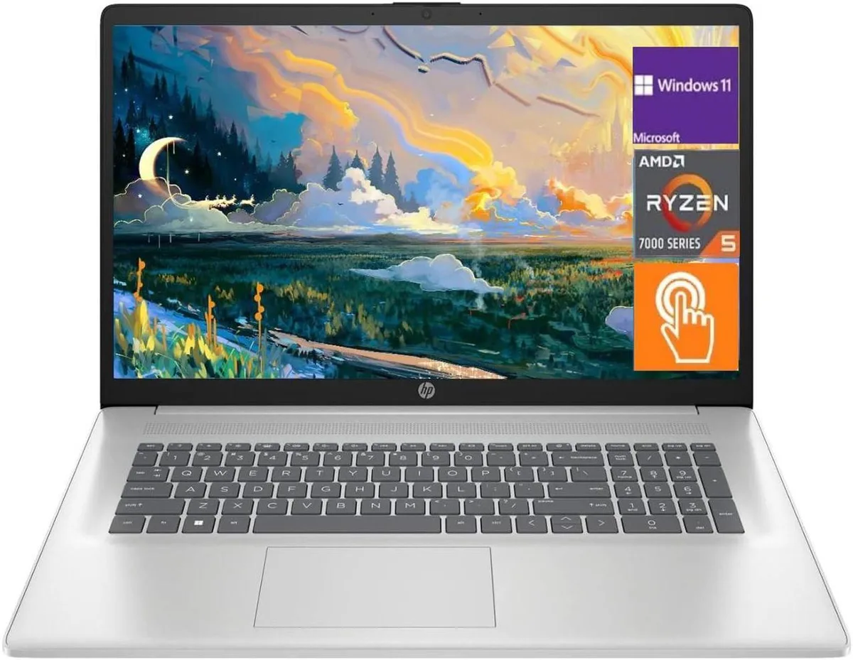 Silver 17.3 inch touchscreen laptop with lift-hinge design