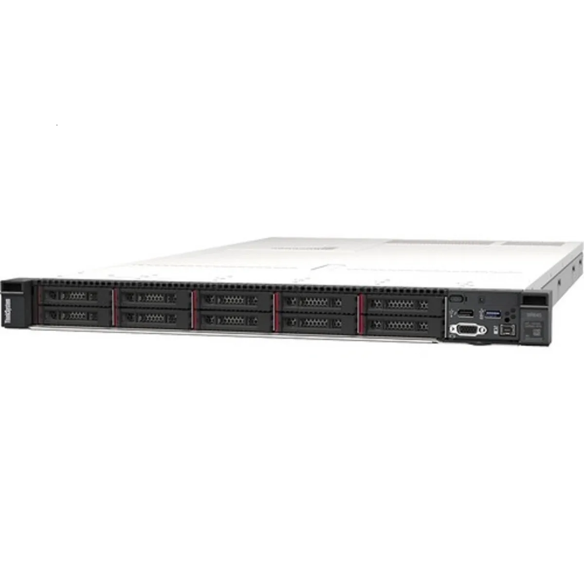 Silver 1U rack server front with drive bays and power button