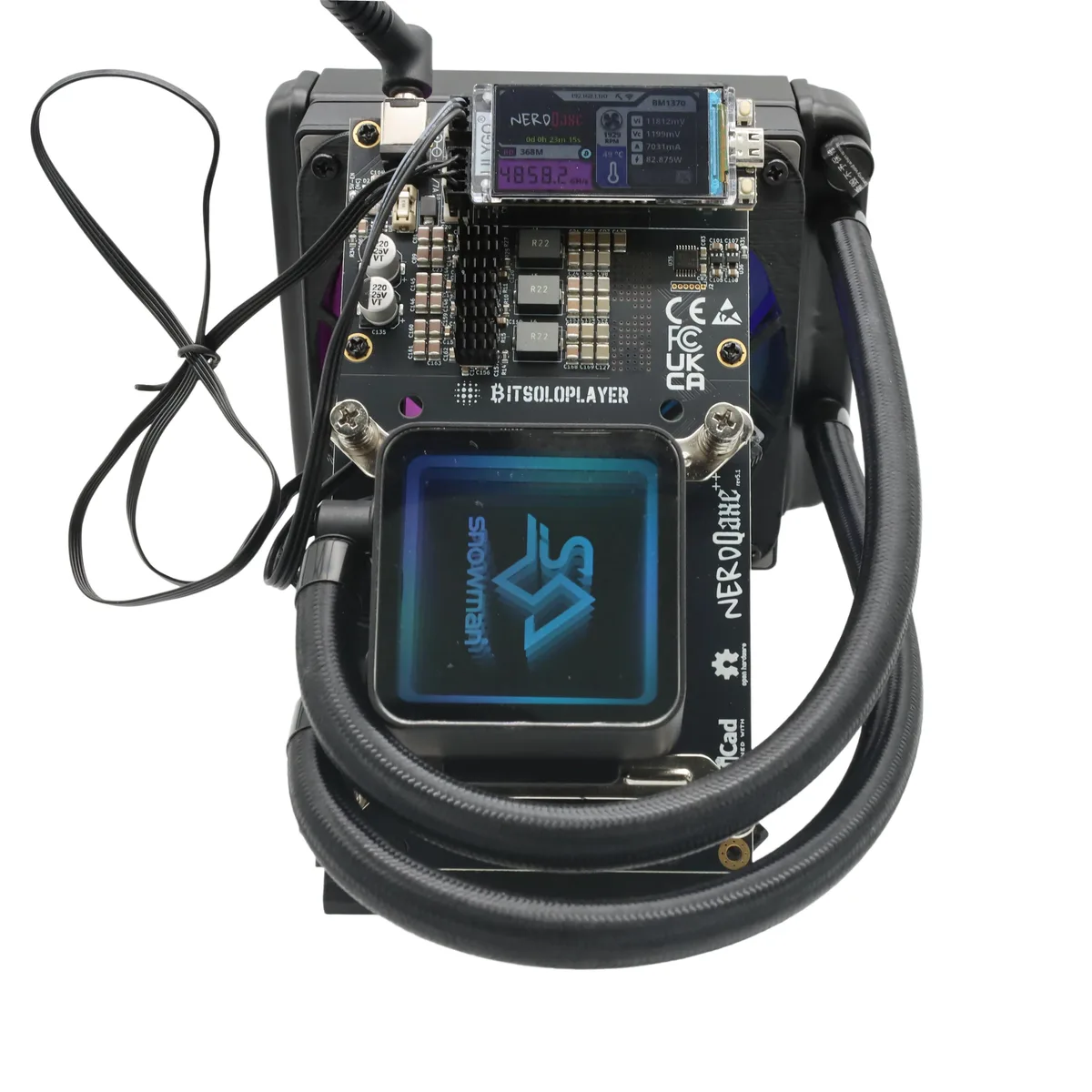 Compact water-cooled mining unit, matte finish, 180 by 130 by 175 millimetres, four ASIC chips visible through top grille