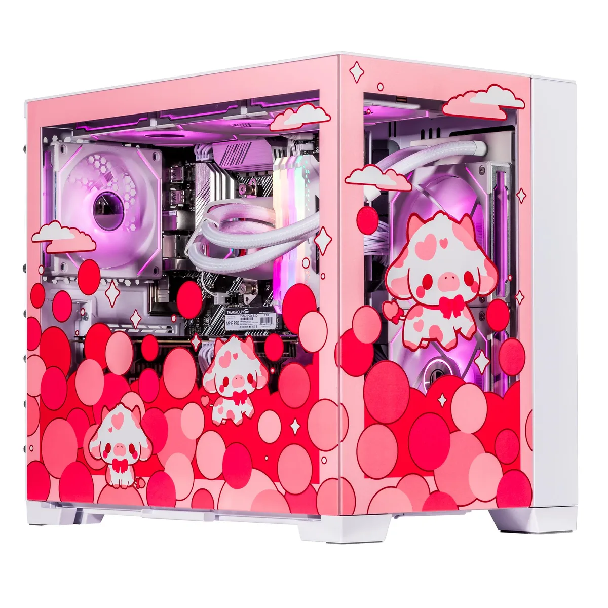 Rose pink desktop tower with RGB lit 240mm AIO cooling