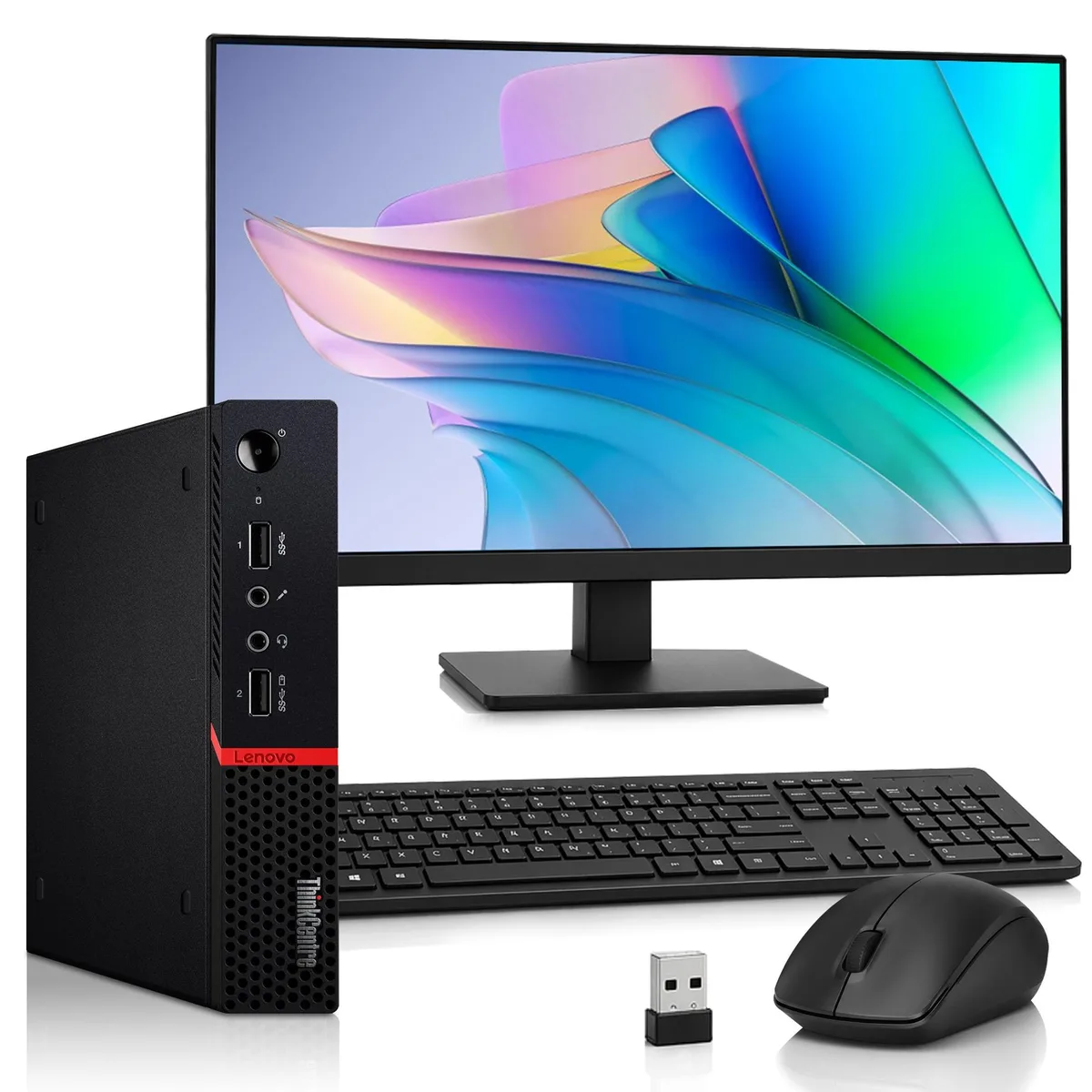 Lenovo ThinkCentre M715q mini PC with 24 inch LED monitor, wireless keyboard and mouse