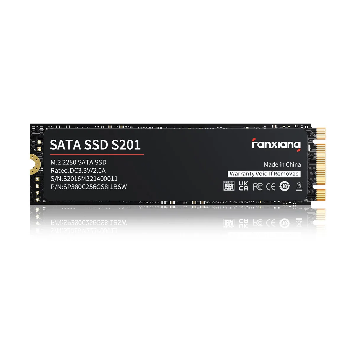 Green rectangular M.2 2280 SATA SSD with black label, 256GB capacity
