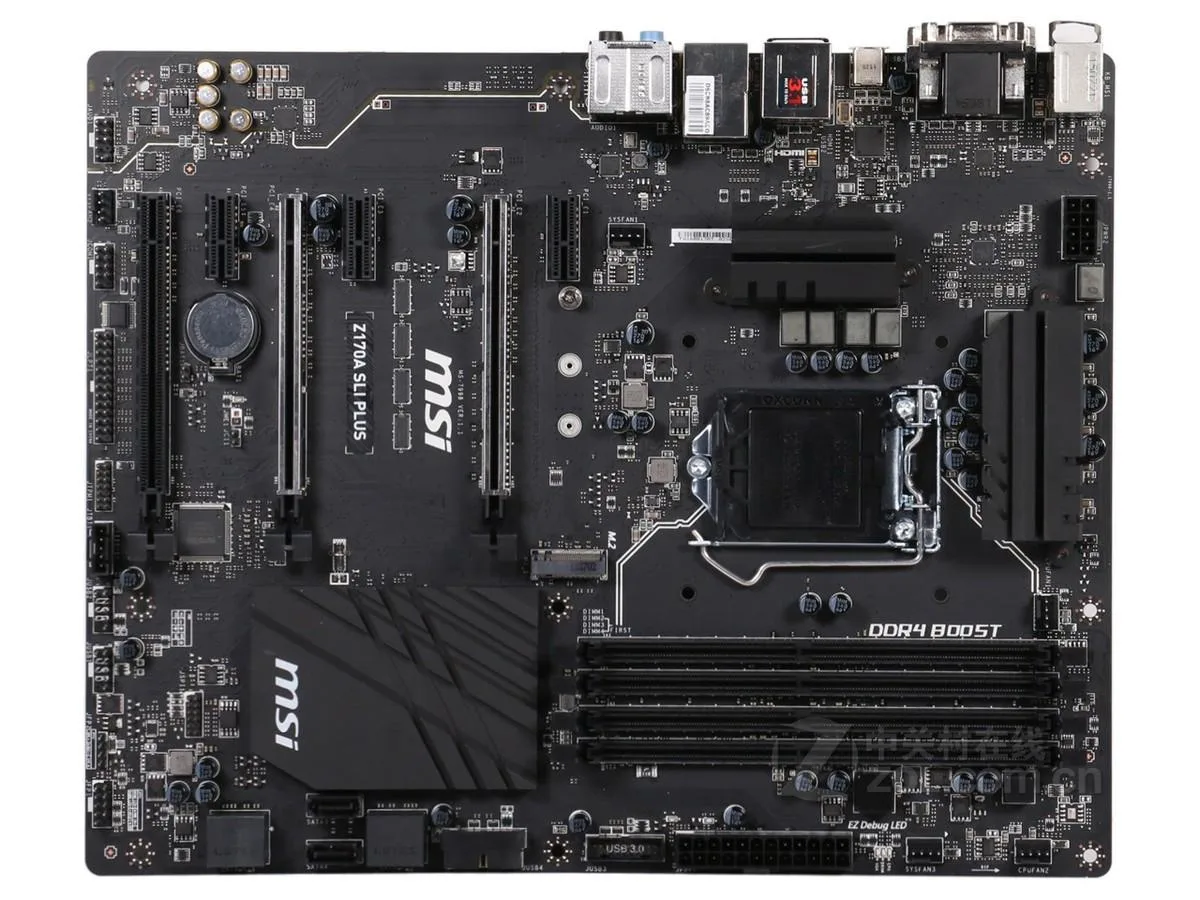 ATX motherboard, dark PCB with silver heatsinks and black expansion slots