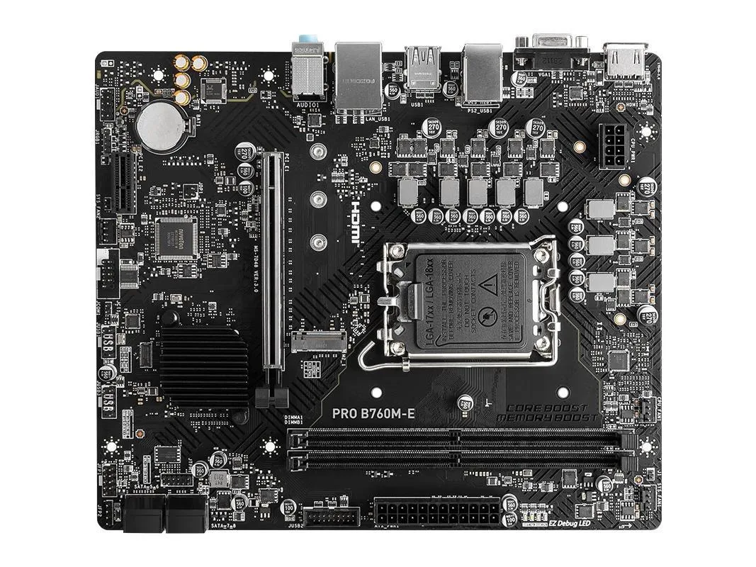 Micro-ATX motherboard in black with silver heatsinks and LGA 1700 socket