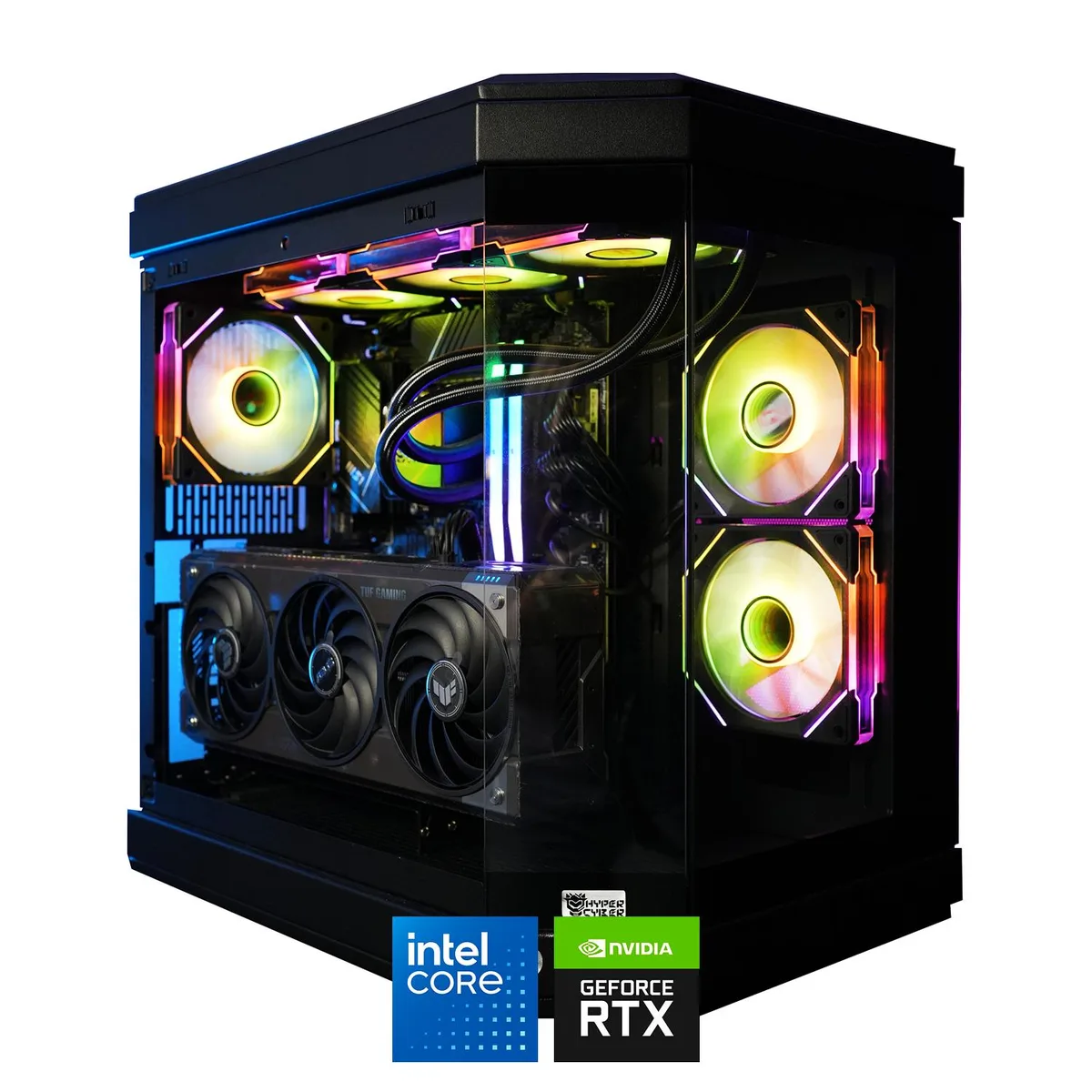 Black mid-tower gaming desktop with tempered glass side panel and RGB lighting