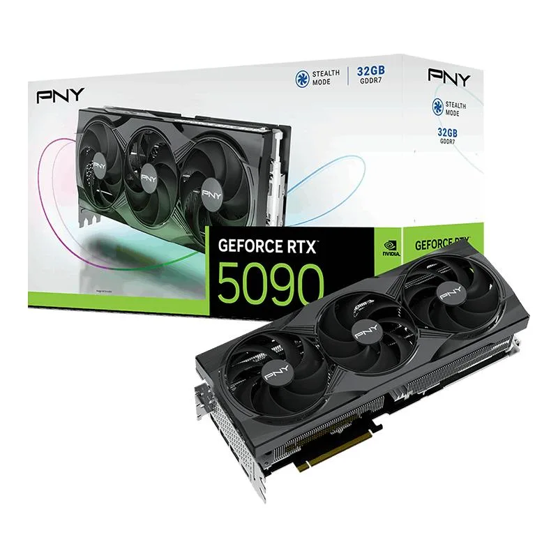 PNY GeForce RTX 5090 triple-fan graphics card in silver and black