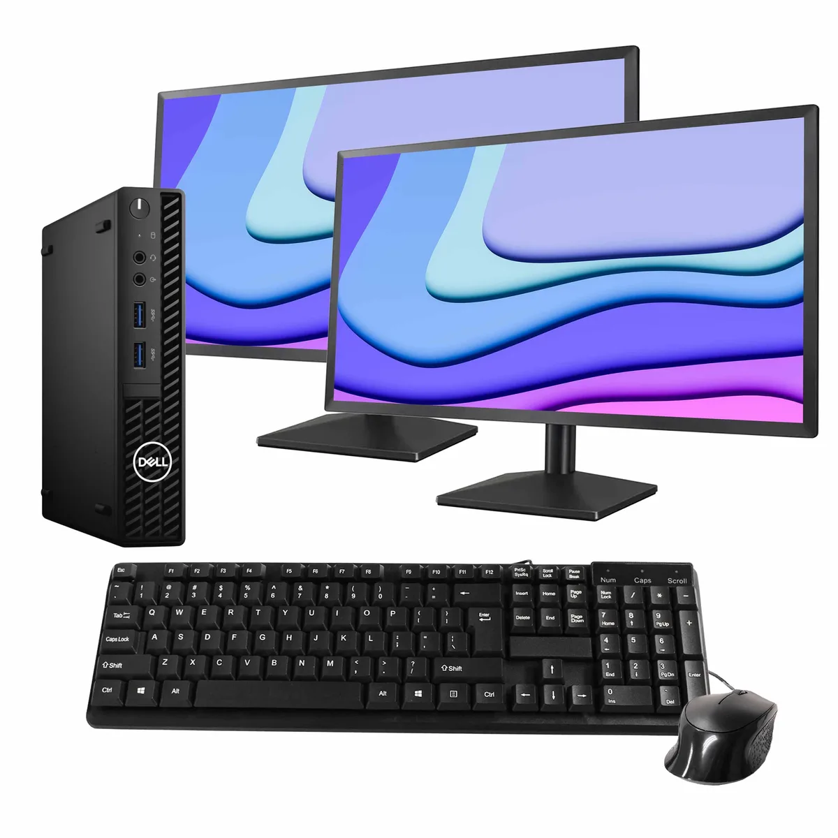 Dell OptiPlex 3090 Mini PC black with dual 24 monitors wired keyboard mouse