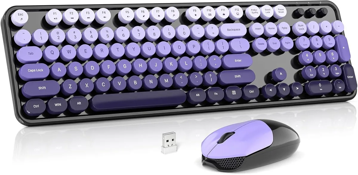 Black and purple gradient full-size wireless keyboard with matching mouse