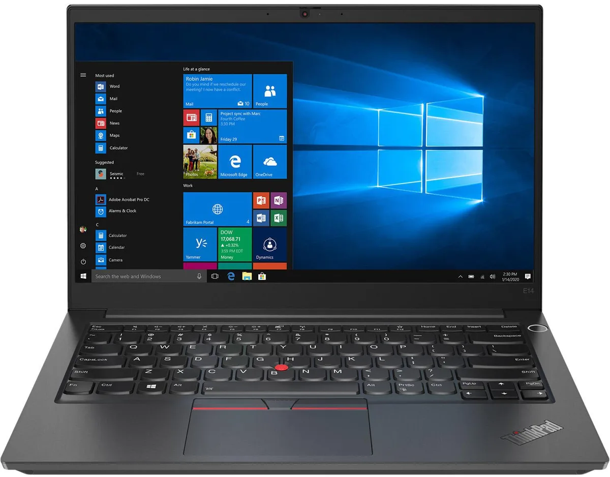 Black ThinkPad E14 Gen 2 laptop, 14.0 inch non-touch screen, matte finish, backlit keyboard, fingerprint reader, 720p webcam