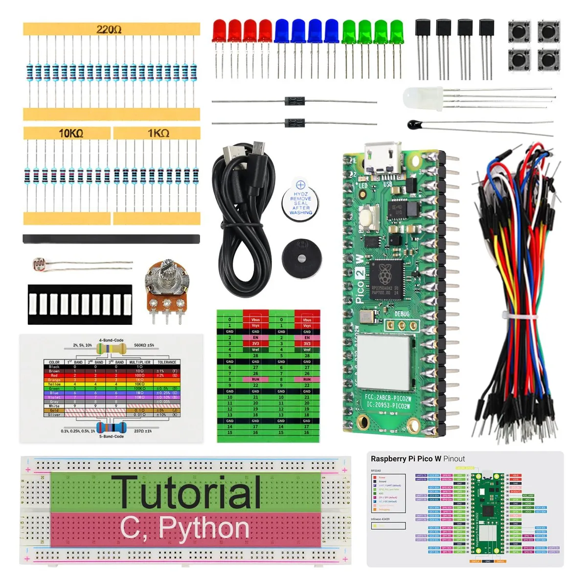 KEHIPI KEHIPI Basic Starter Kit for Raspberry Pi Pico 2 W, 142 Items, 55 Projects — produktfoto