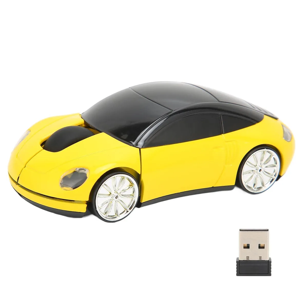 Yellow wireless gaming mouse shaped like a sport car with USB receiver