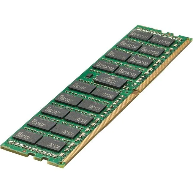 A green 288-pin DIMM module with black chips and a silver label