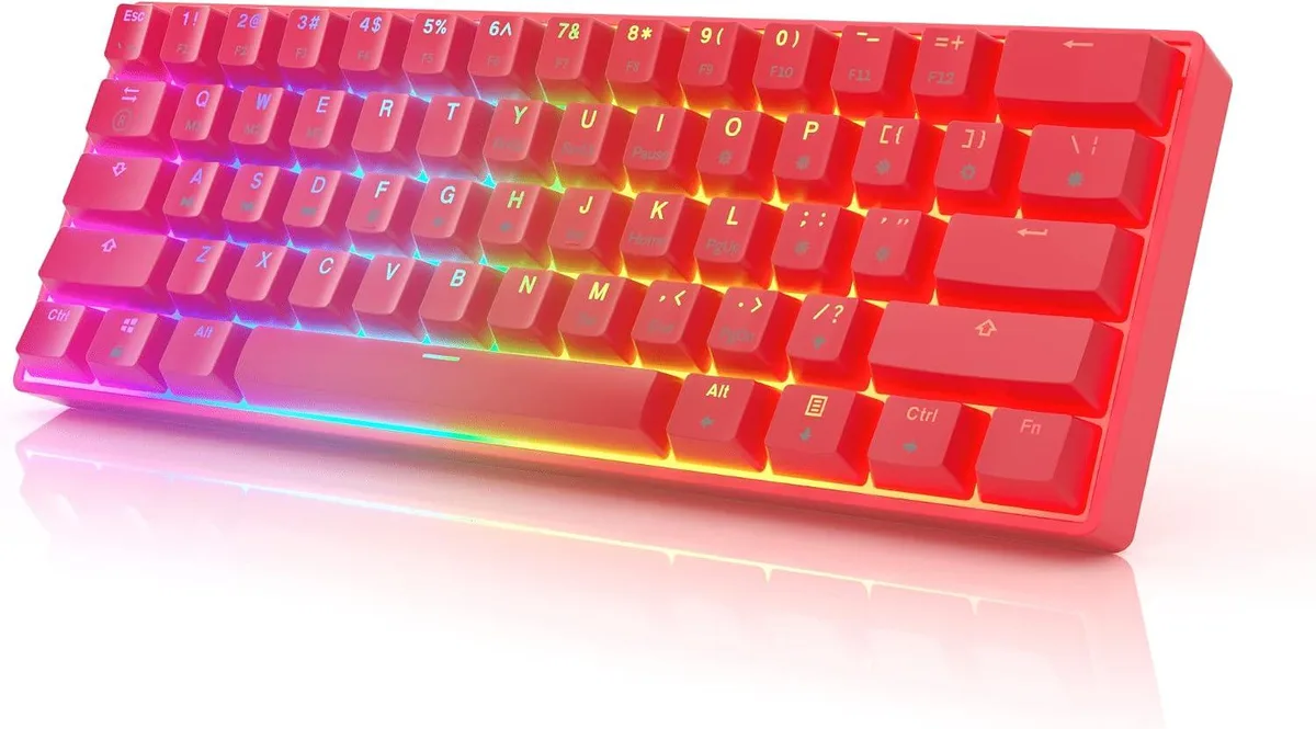 Compact 60 percent keyboard in red with RGB backlighting and 61 keys