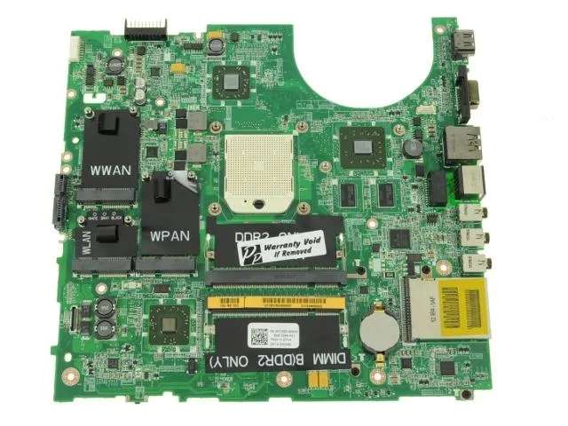 Green rectangular laptop motherboard with silver components and discrete Radeon HD 3450 chip