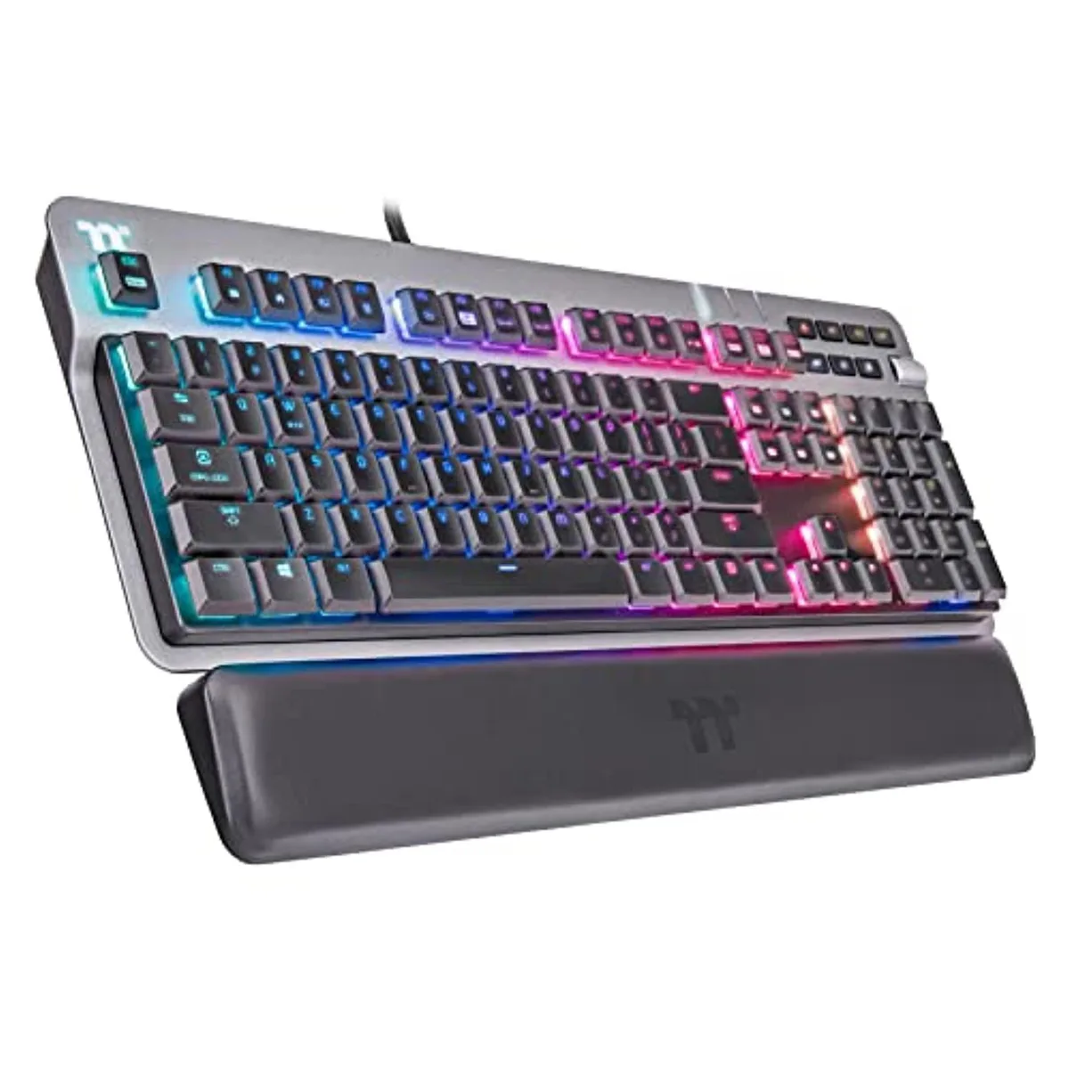 Low-profile mechanical keyboard with aluminium top plate, curved floating keys, volume knob and wrist rest