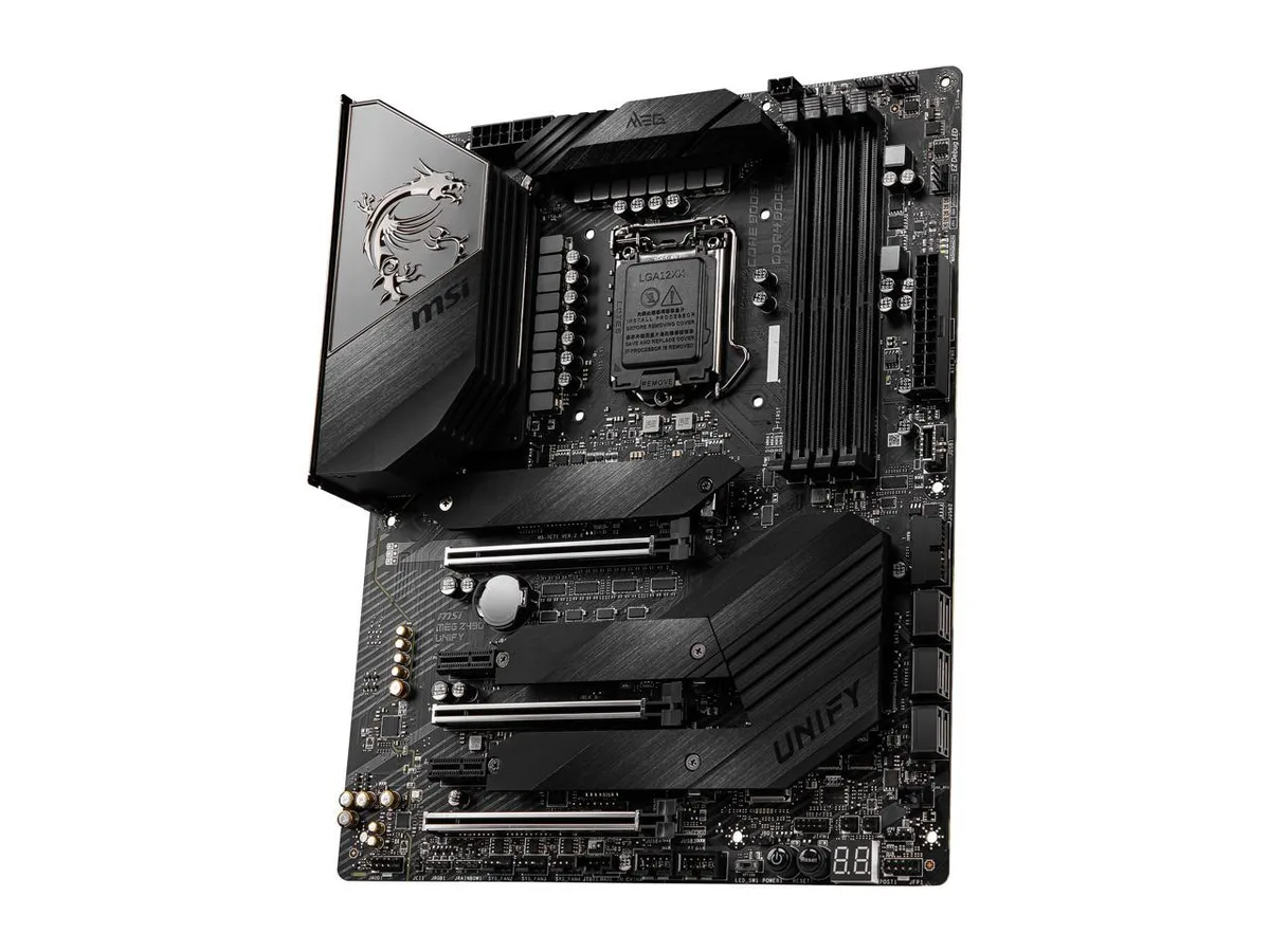 Black ATX motherboard with silver heatsinks and a matte finish, LGA 1200 socket, four memory slots, three full-length PCIe slots