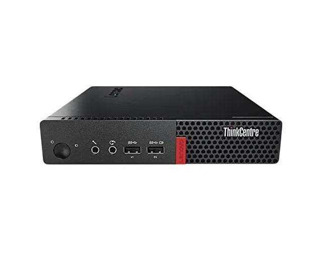 Small black Lenovo M910q tiny desktop with USB keyboard and mouse