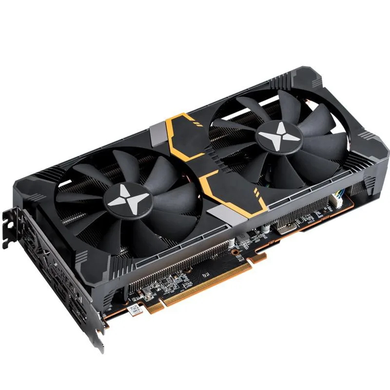 Dataland RX 5600 XT X Warrior graphics card, dark dual-fan cooler, metal backplate, 8-pin power, HDMI and three DisplayPort outputs