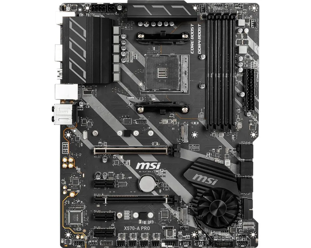 Rectangular ATX motherboard in matte black with silver heatsinks and grey slots