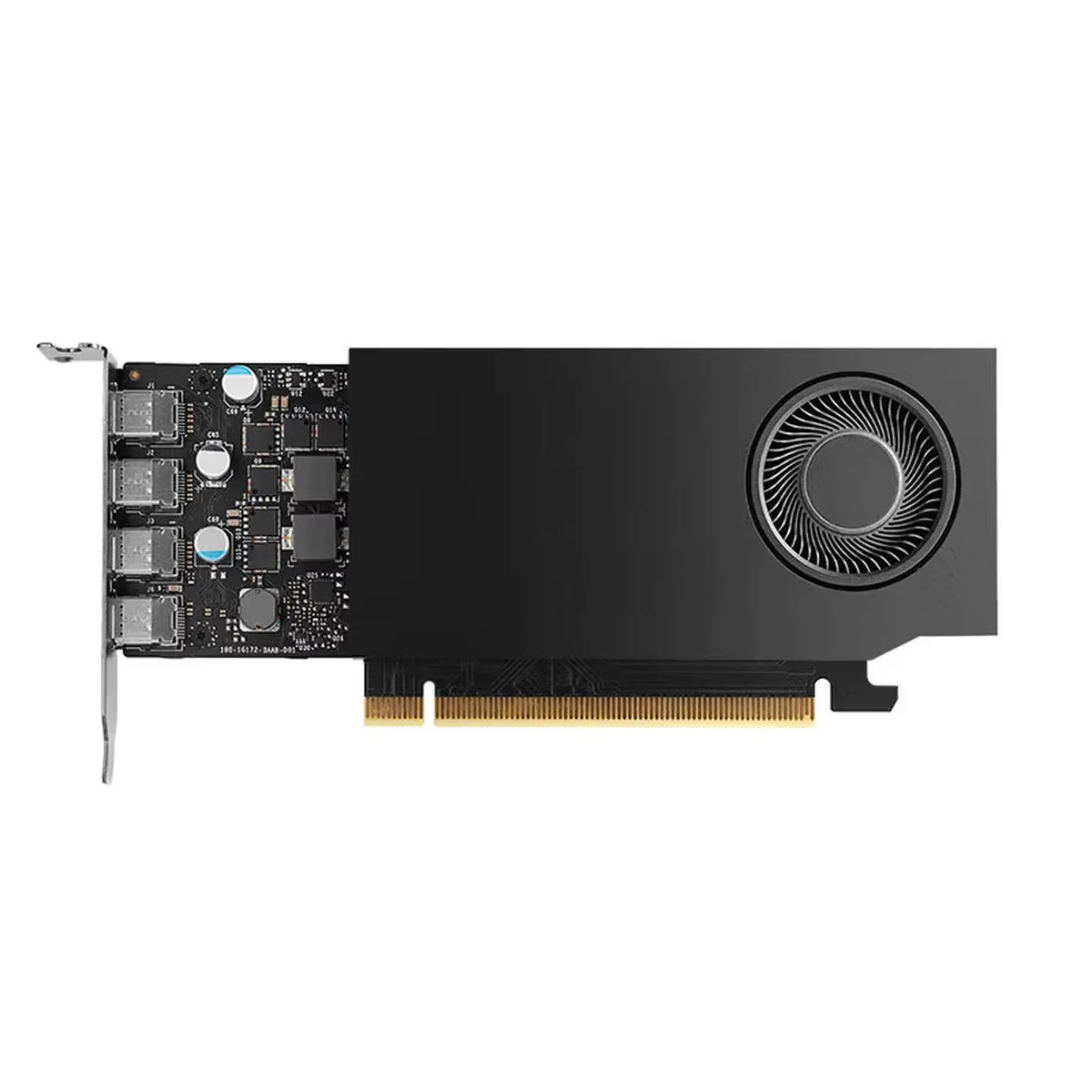 Compact single-slot graphics card with matte black shroud, four Mini DisplayPort outputs and a small axial fan