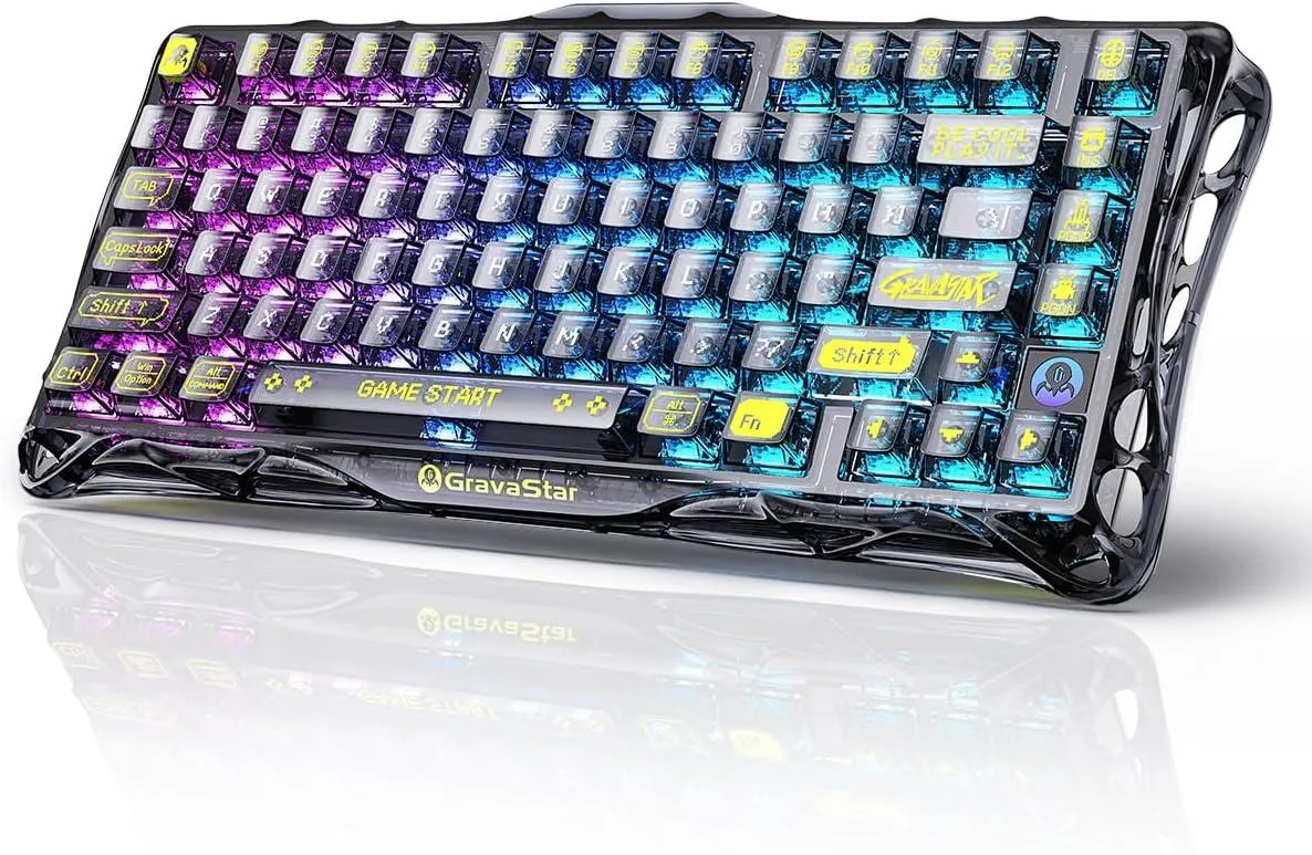Transparent black 75% mechanical keyboard with clear keycaps and visible internal structure
