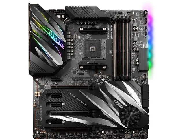 Extended-ATX motherboard with large VRM heatsinks, chipset fan and dark finish
