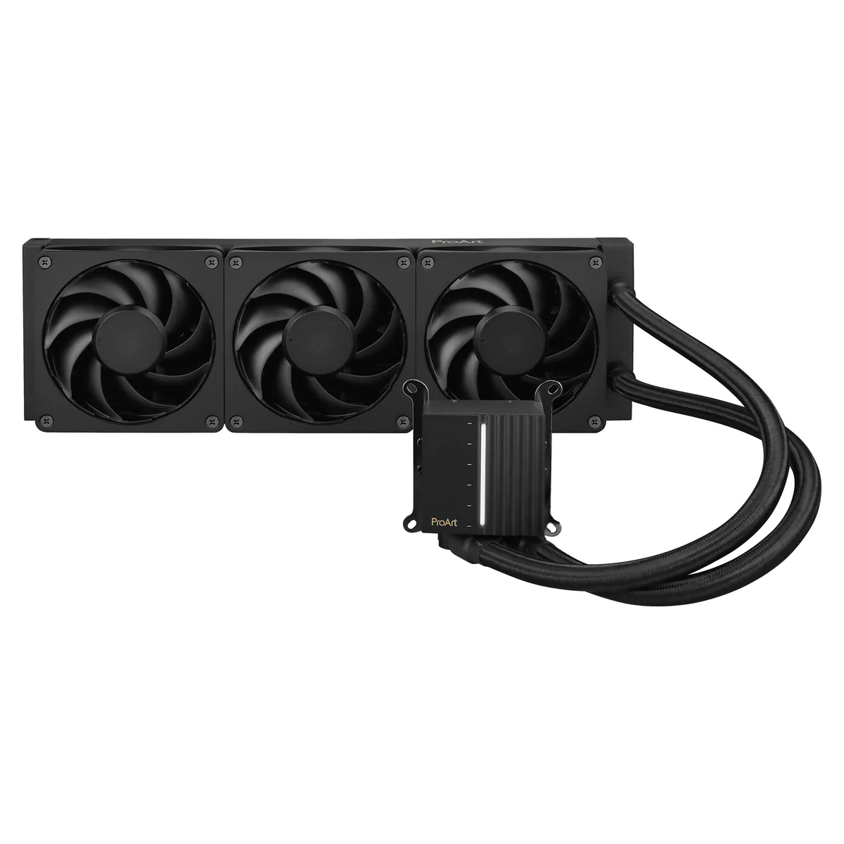 Black 360 mm AIO radiator with three matte black 120 mm fans and copper pump block
