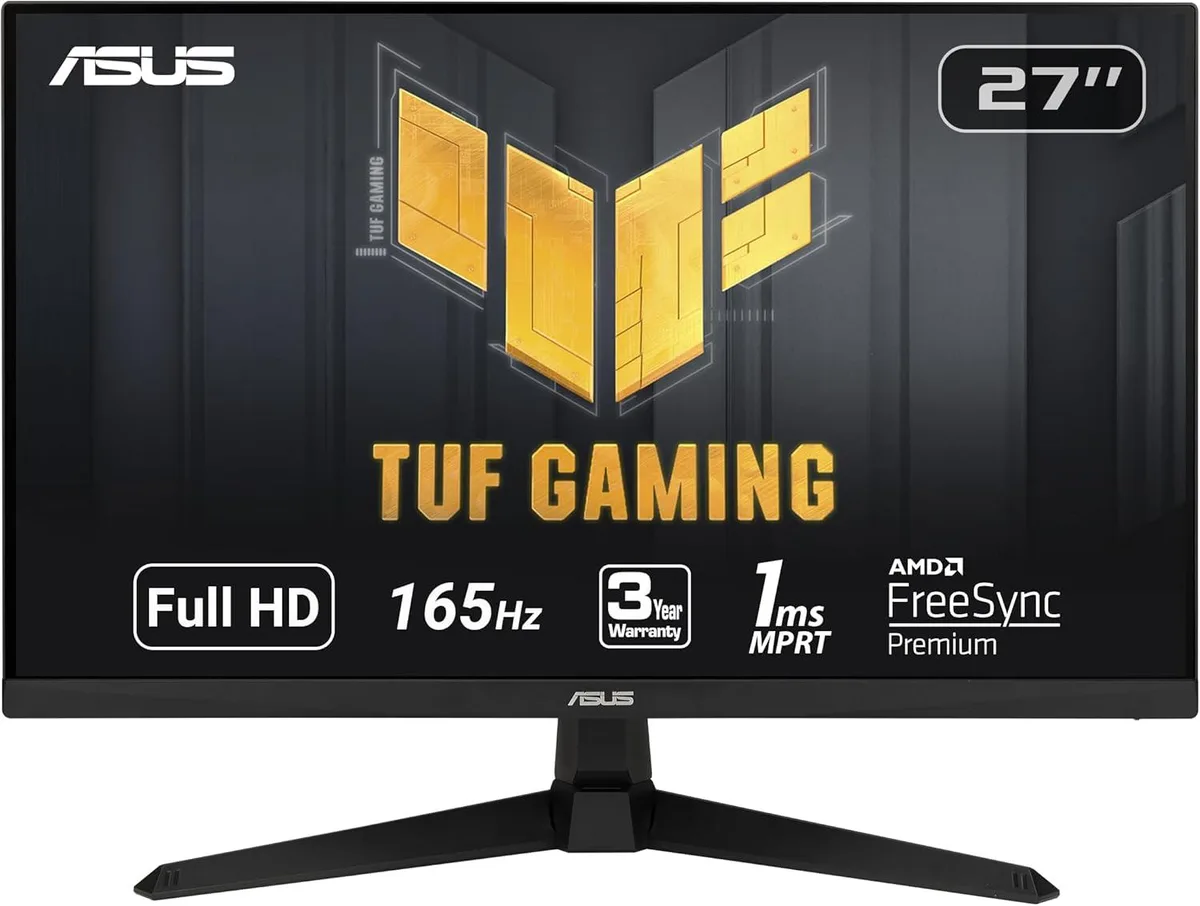 Black 27-inch TUF Gaming monitor with matte non-glare screen and tilt-adjustable stand
