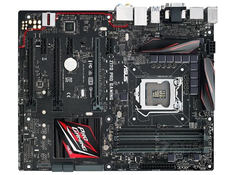 ATX motherboard with black PCB and metallic heatsinks