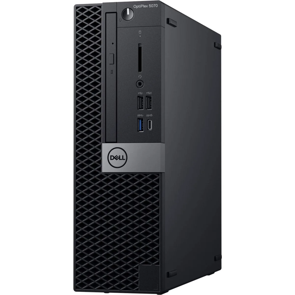 Black small-form-factor desktop tower, compact rectangular case with front DVD drive slot