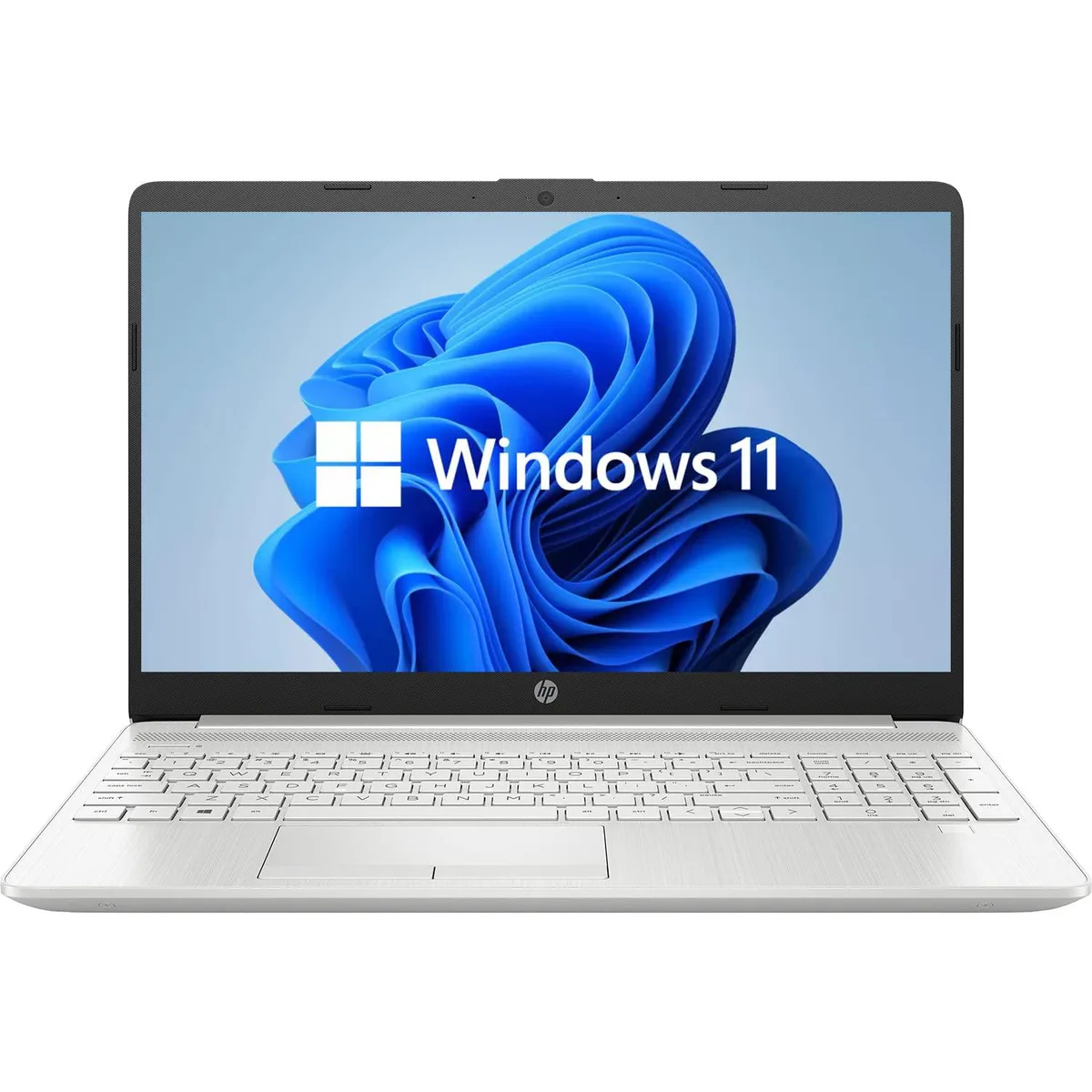 Silver 15.6 inch laptop with full-size keyboard and numeric pad