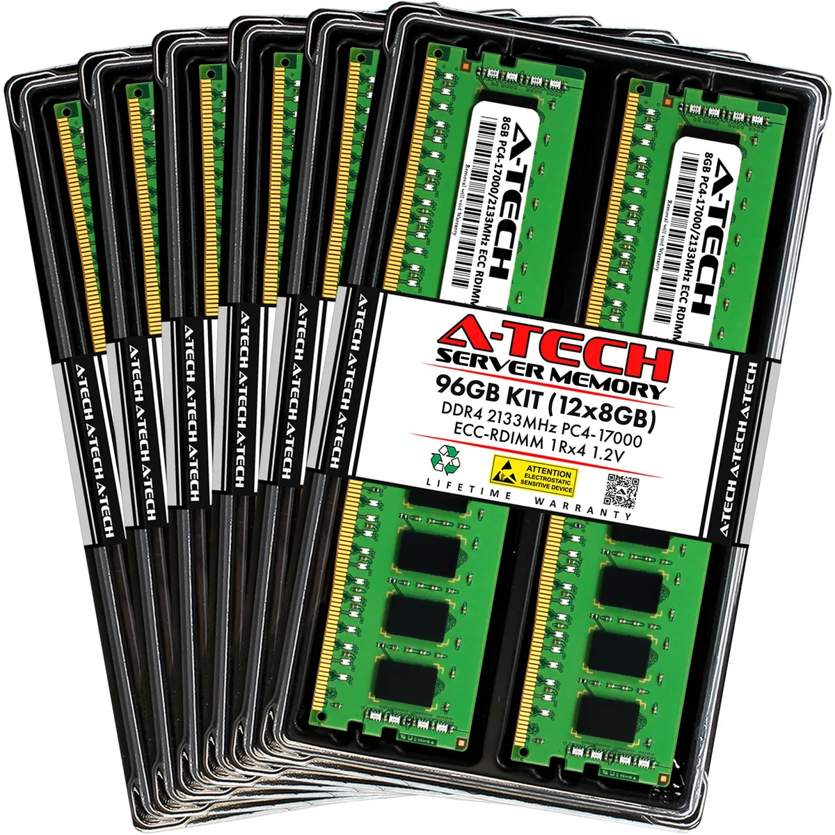 Twelve green DDR4 RDIMM modules in a row, no heat spreaders, gold edge connectors visible