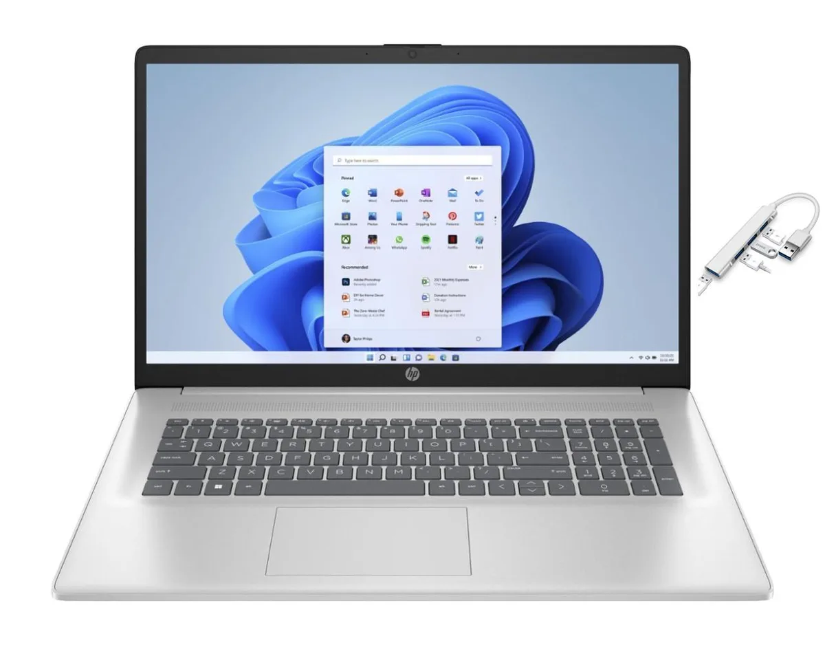 Silver 17.3 inch HP laptop, flat non-touch screen, slim profile