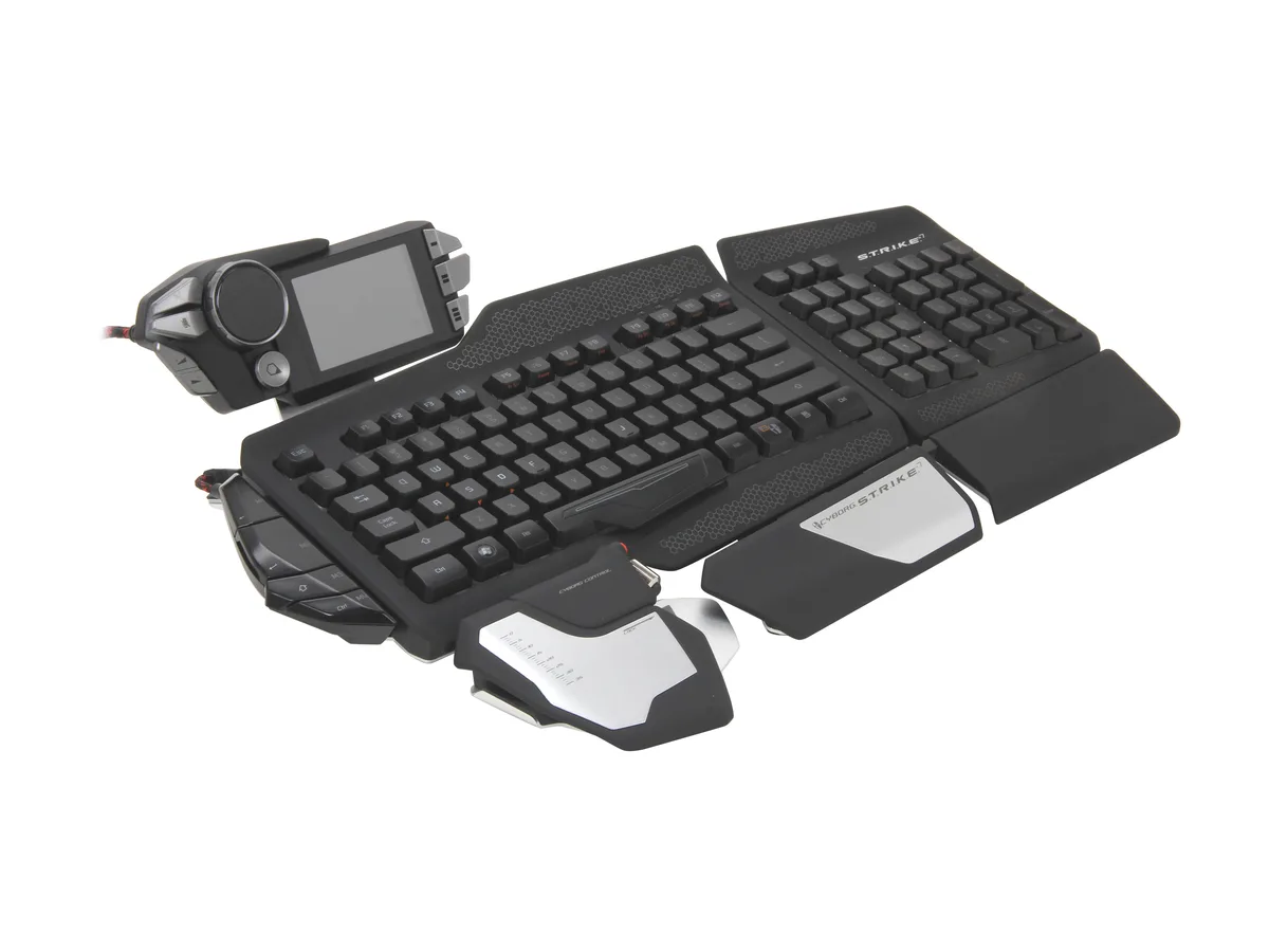 Black modular gaming keyboard with detachable numpad, function strip, palm rest and touchscreen control module