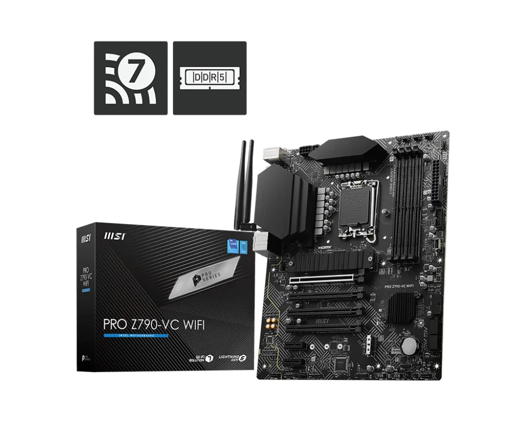 ATX motherboard with black PCB, silver heatsinks, LGA 1700 socket, four DDR5 slots, PCIe 5.0 x16 slot, two M.2 shields