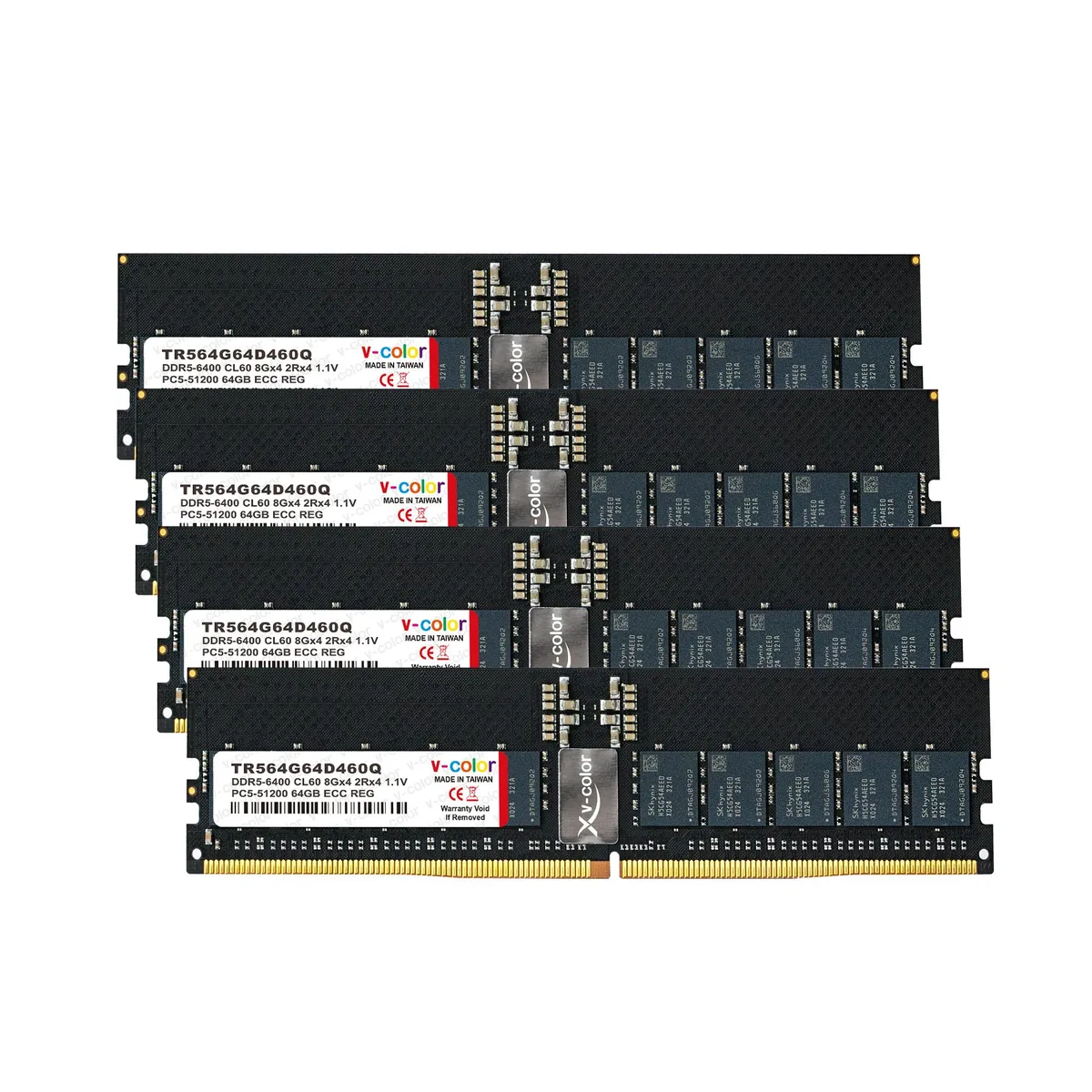 Four green DDR5 RDIMM modules with black heat spreaders and gold contacts