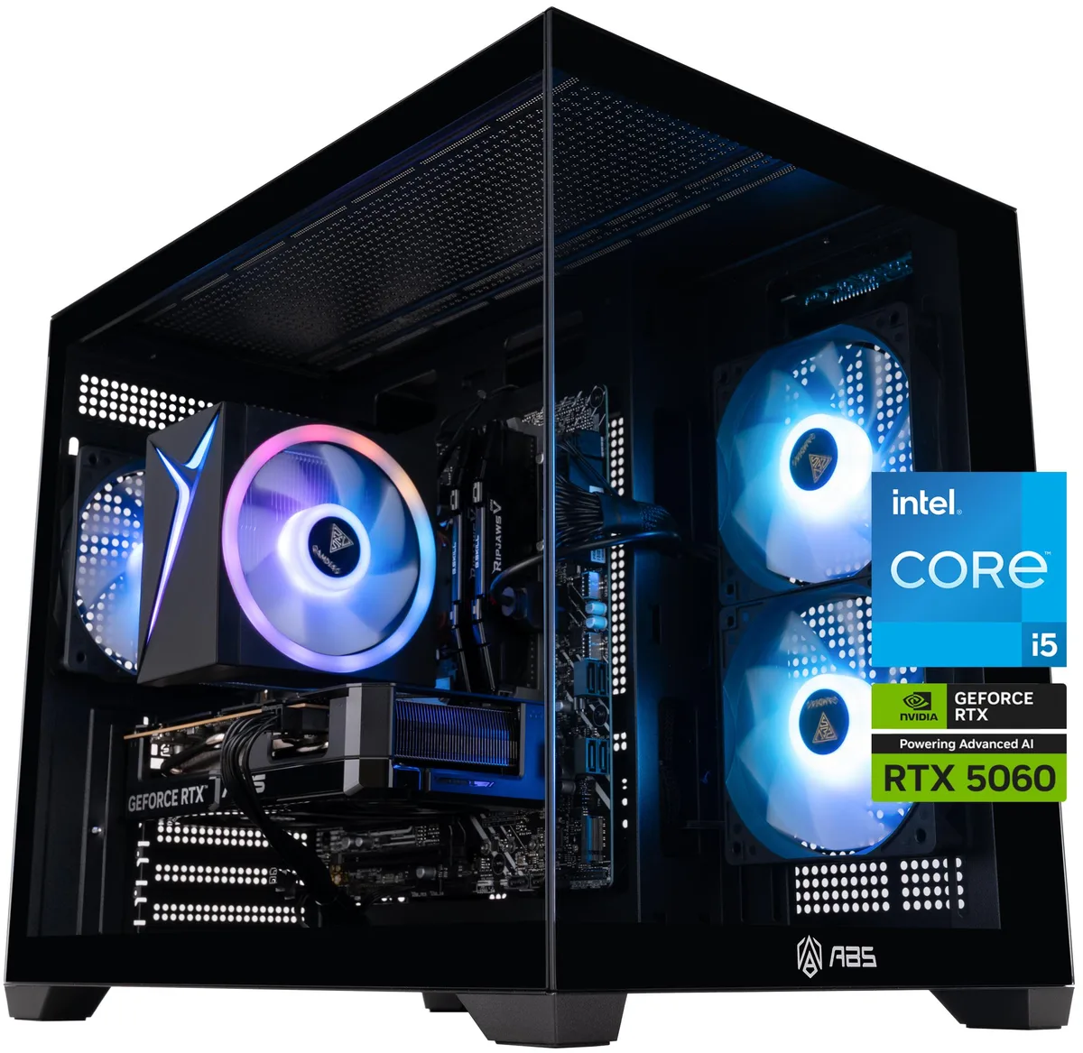 Black micro-ATX tower with tempered glass side panel, visible RGB lighting inside