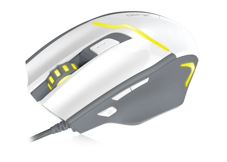 White right-handed wired gaming mouse with seven buttons and breathing LED backlighting
